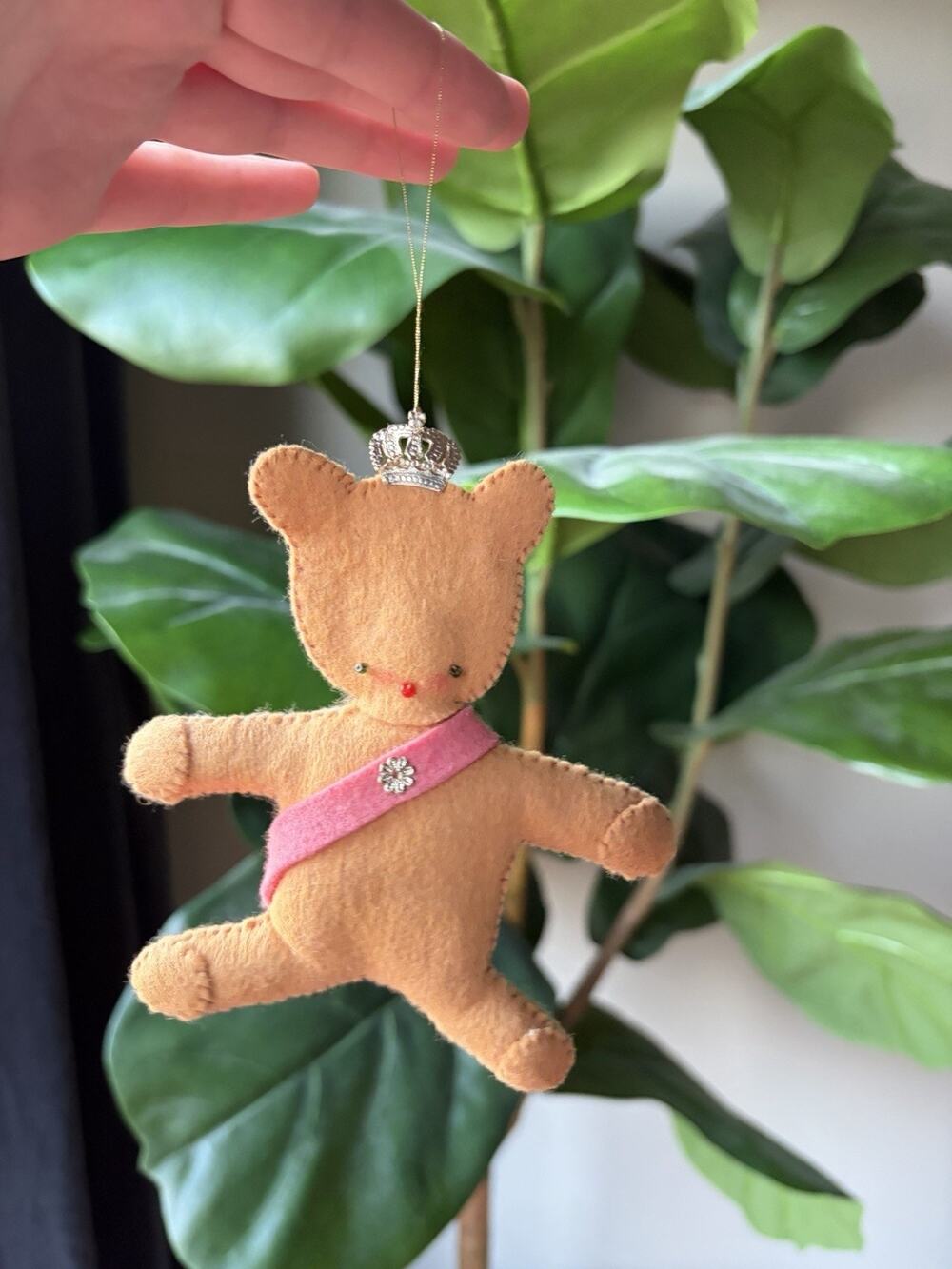 Handmade Felt Bear Christmas Ornament Pink Sash Crown Queen Hanging Small